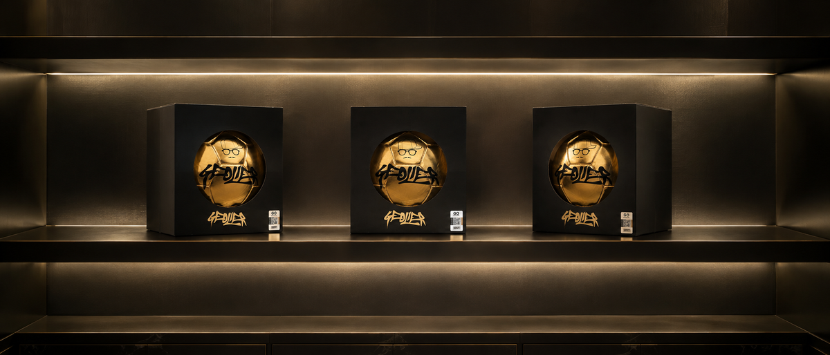 Tre confezioni del Pallone Geolier esposte su uno scaffale illuminato