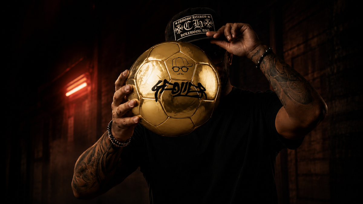 Geolier tiene il Pallone Geolier dorato davanti al viso, con luce al neon rossa